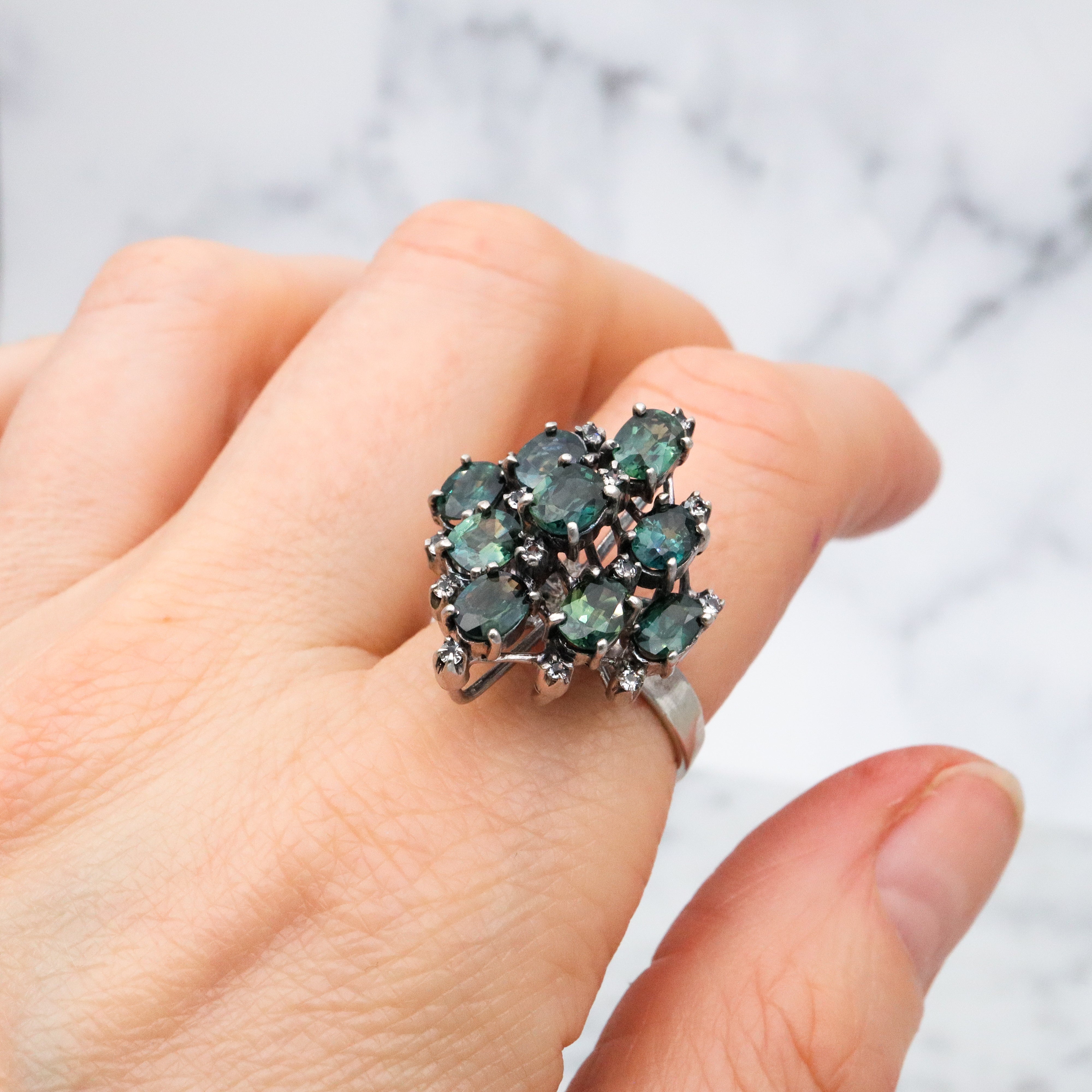 vintage London blue topaz & white zircon sterling cocktail ring, size 9